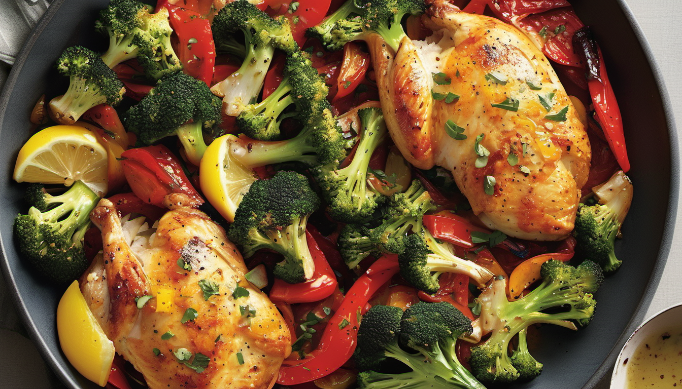 Lemon-Garlic Chicken with Roasted Bell Peppers and Broccoli