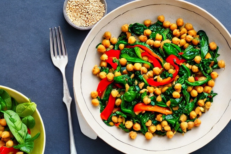 Spinach and Chickpea Stir-Fry with Bell Peppers & Lemon